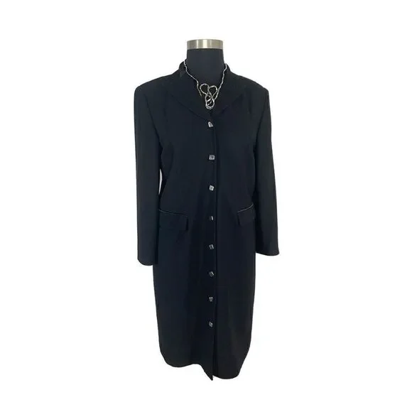 Donna Ricco 16W Black Trench Coat 1990s Vintage Princess Seam Evening Jacket - Picture 2 of 7